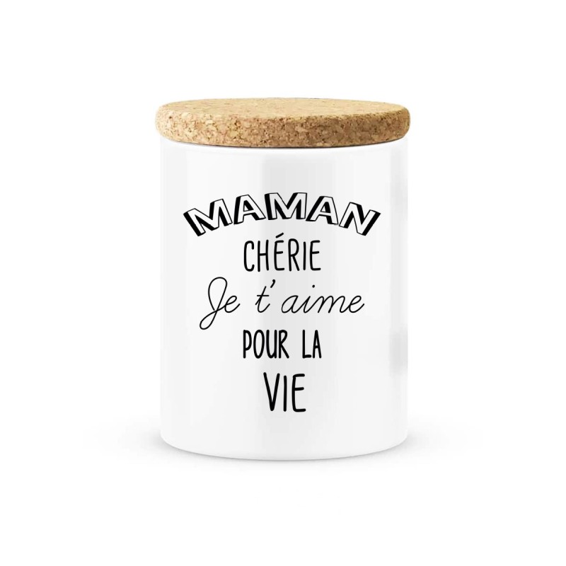 Pot céramique avec couvercle en liège citation imprimé Maman chérie je t'aime pour la vie