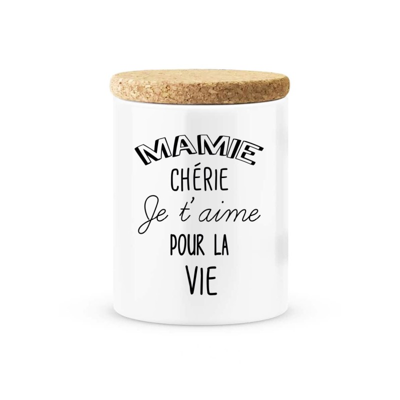 Pot céramique avec couvercle en liège citation imprimé Mamie chérie je t'aime pour la vie