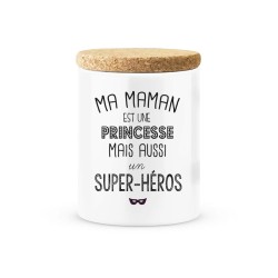 Pot céramique avec couvercle en liège citation imprimé Ma maman est une princesse mais aussi super héros