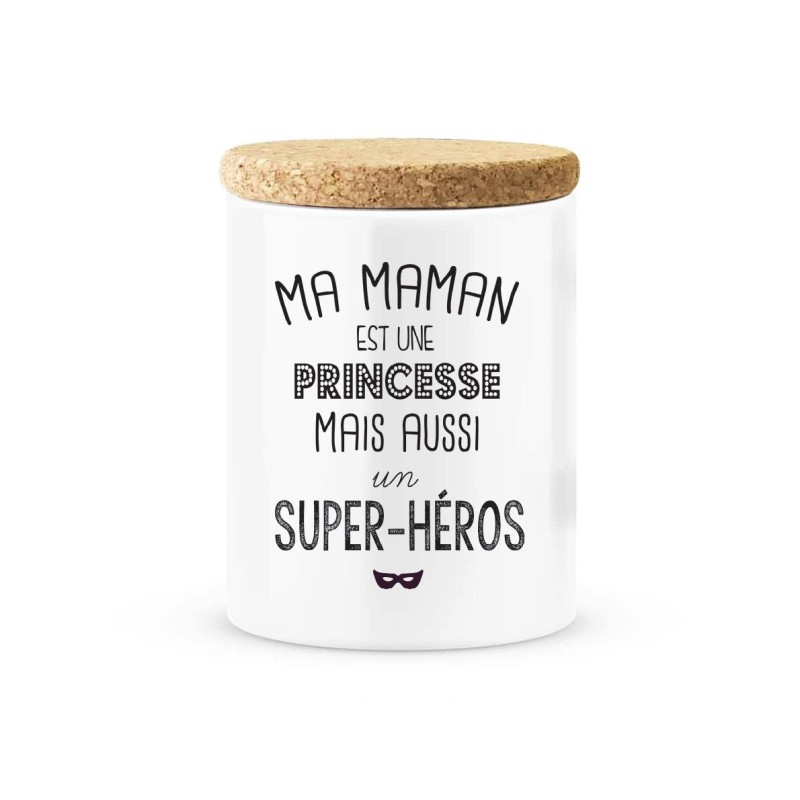 Pot céramique avec couvercle en liège citation imprimé Ma maman est une princesse mais aussi super héros