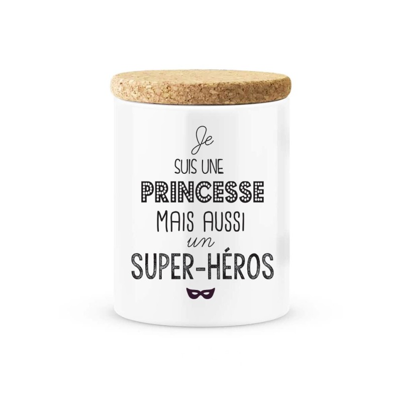 Pot céramique avec couvercle en liège citation imprimé Je suis une princesse mais aussi super héros