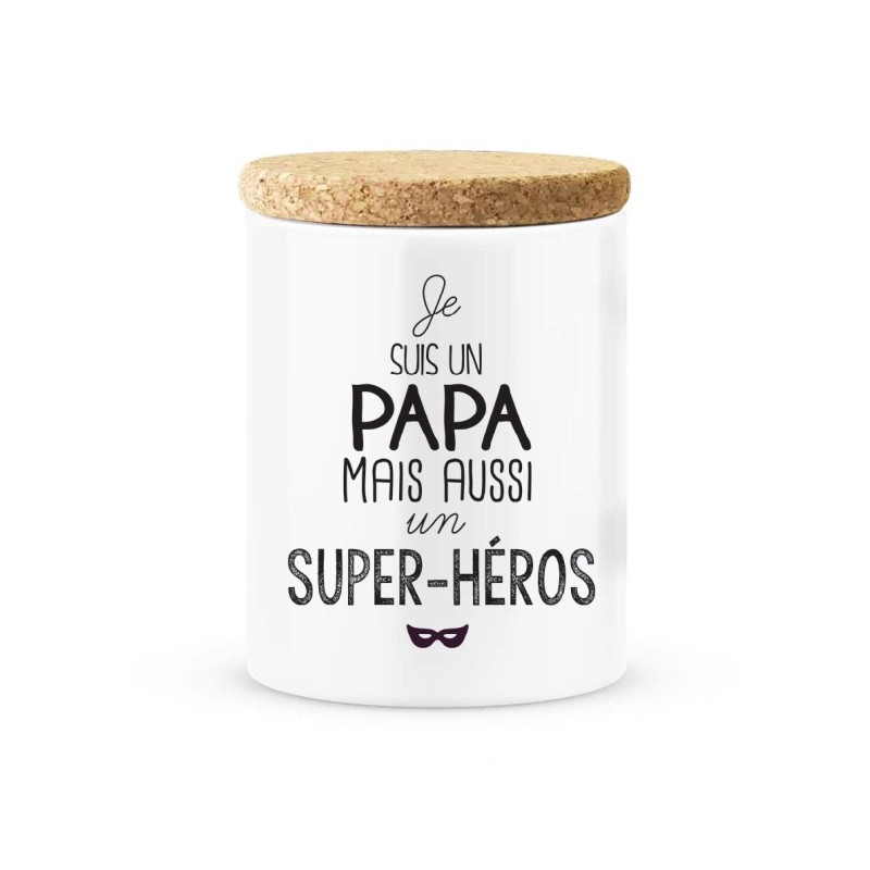 Pot céramique avec couvercle en liège citation imprimé Je suis un papa mais aussi super héros
