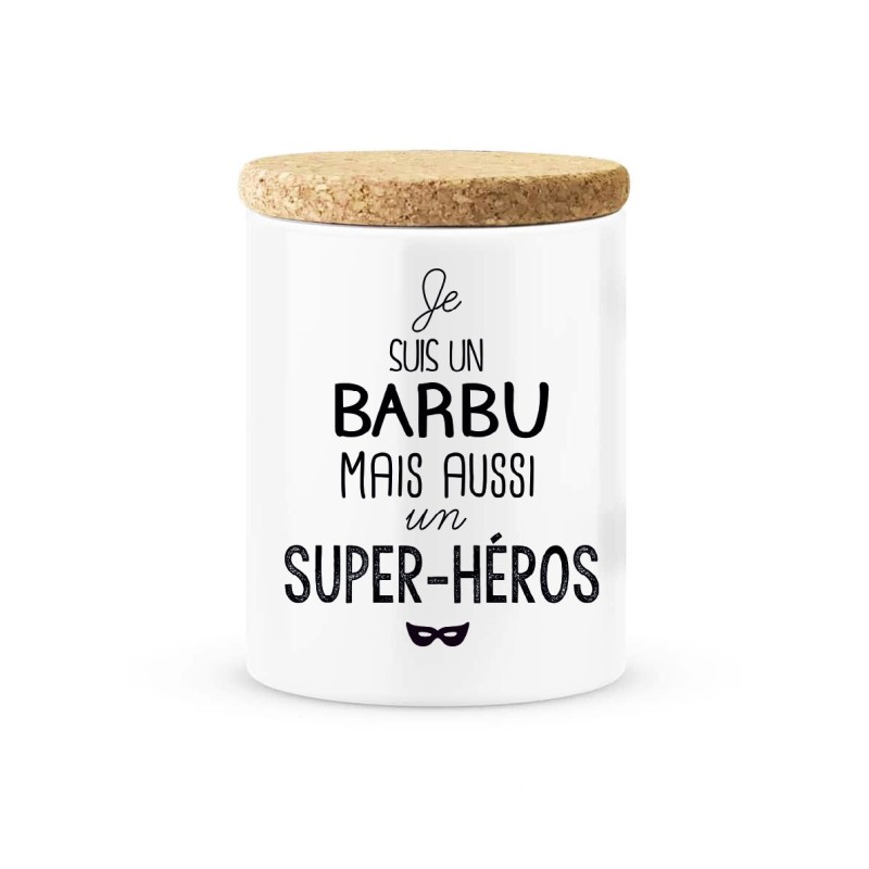 Pot céramique avec couvercle en liège citation imprimé Je suis un barbu mais aussi super héros