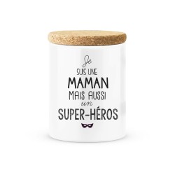 Pot céramique avec couvercle en liège citation imprimé Je suis une maman mais aussi super héros