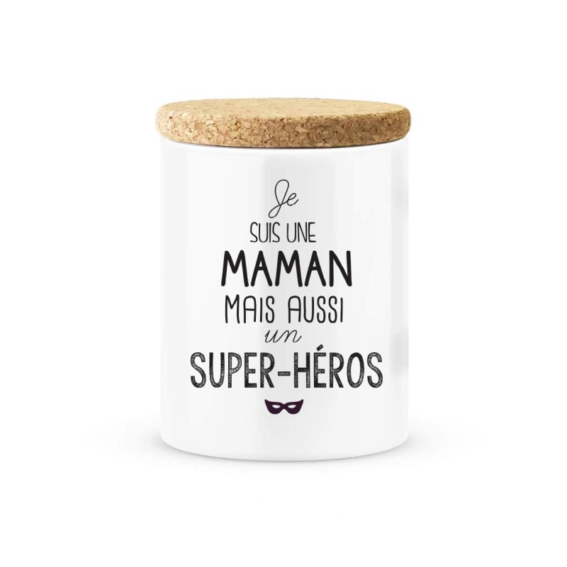 Pot céramique avec couvercle en liège citation imprimé Je suis une maman mais aussi super héros
