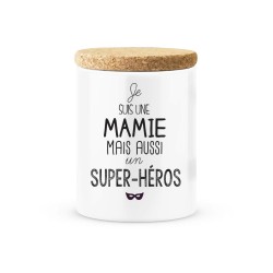 Pot céramique avec couvercle en liège citation imprimé Je suis une mamie mais aussi super héros