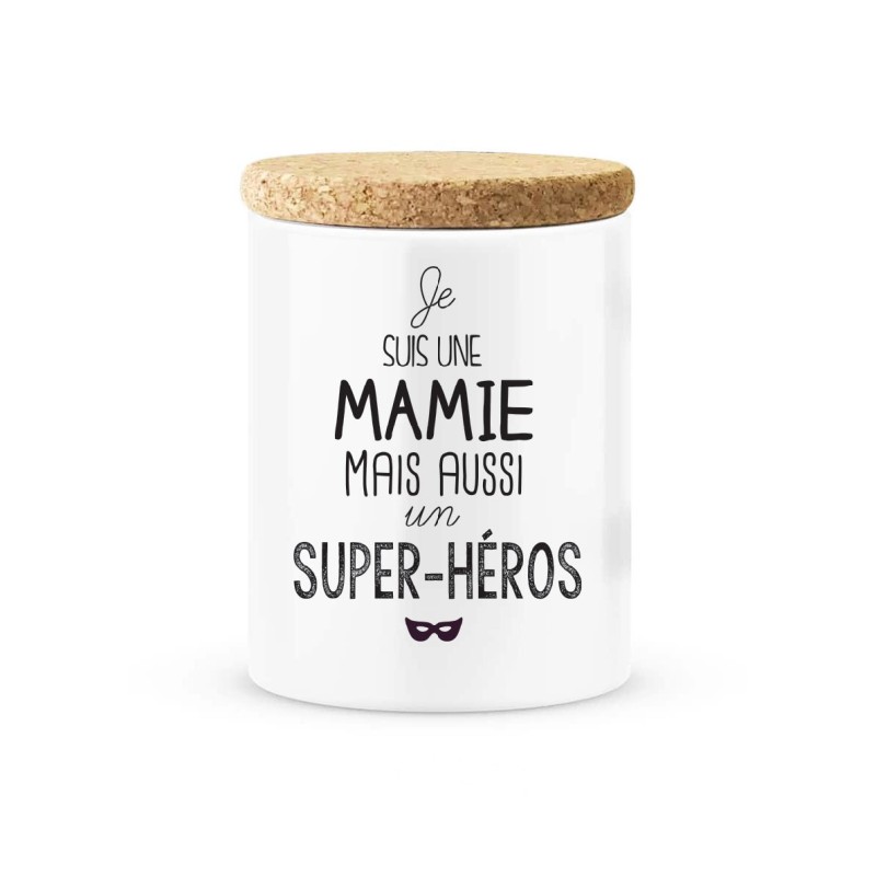 Pot céramique avec couvercle en liège citation imprimé Je suis une mamie mais aussi super héros