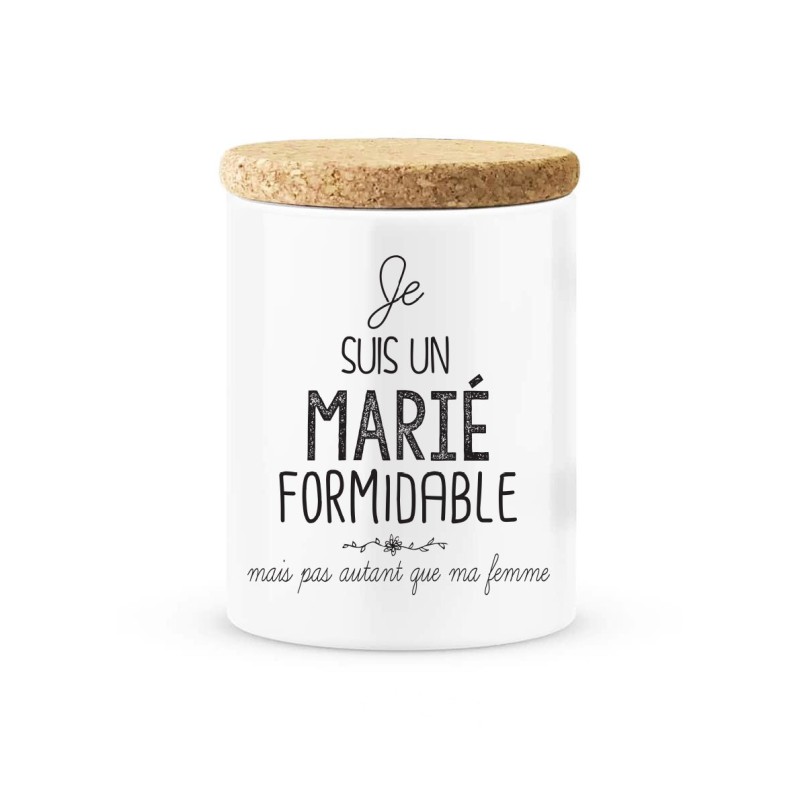 Pot céramique avec couvercle en liège citation imprimé Je suis un marié formidable mais pas autant que ma femme