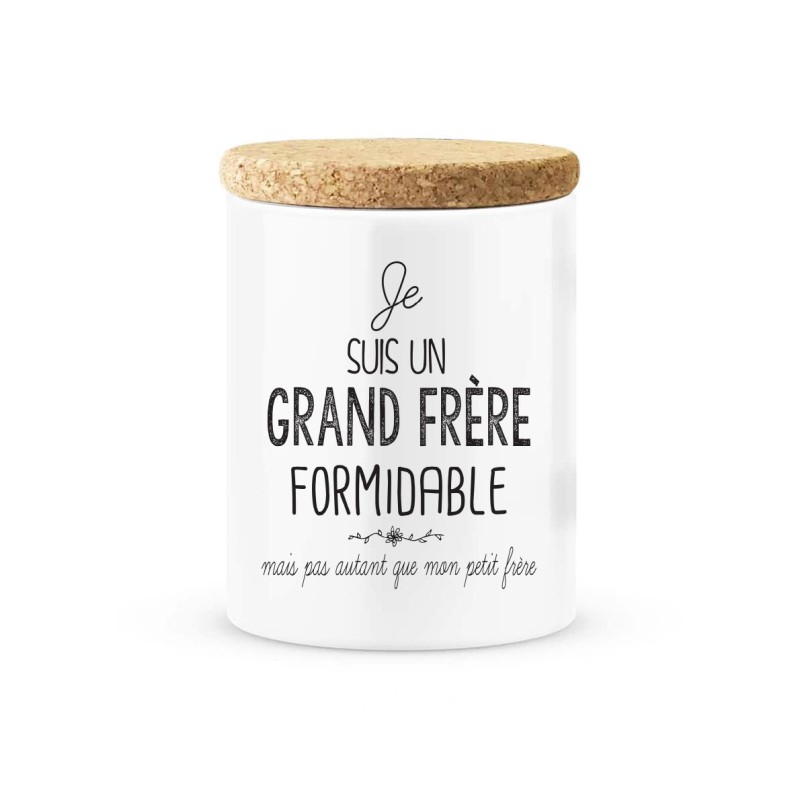 Pot céramique avec couvercle en liège citation imprimé Je suis un grand frère formidable mais pas autant que mon petit frère