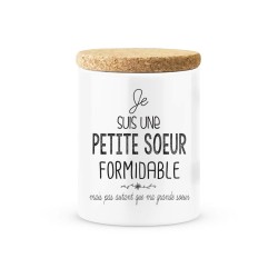 Pot céramique avec couvercle en liège citation imprimé Je suis une petite soeur formidable pas autant que ma grande soeur