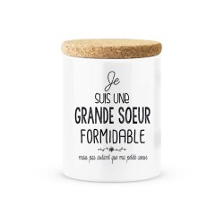 Pot céramique avec couvercle en liège citation imprimé Je suis une grande soeur formidable pas autant ma petite soeur