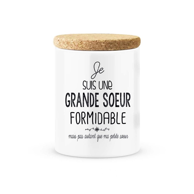 Pot céramique avec couvercle en liège citation imprimé Je suis une grande soeur formidable pas autant ma petite soeur