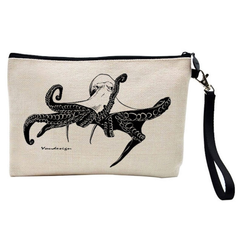 Pochette Trousse de maquillage effet lin imprimé Pieuvre