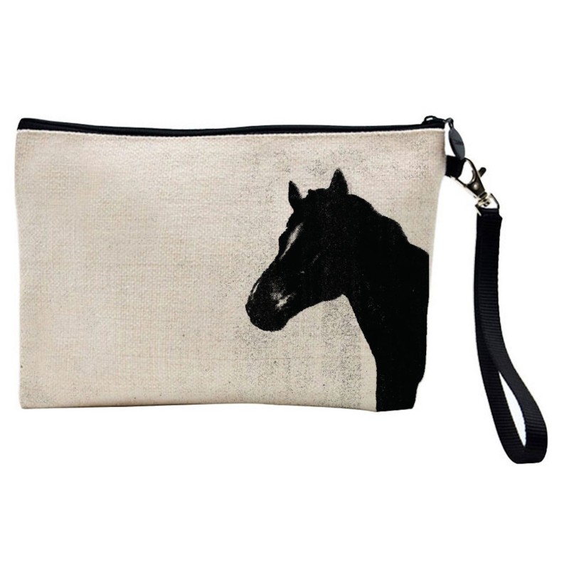 Pochette Trousse de maquillage effet lin imprimé Cheval