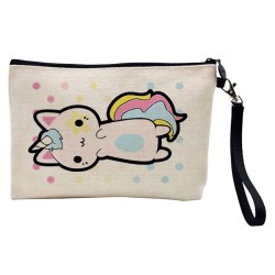 Pochette Trousse de maquillage effet lin imprimé Chat Licorne