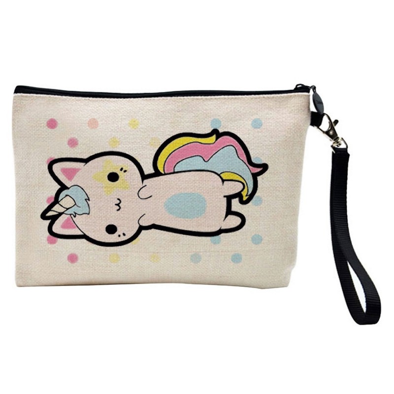 Pochette Trousse de maquillage effet lin imprimé Chat Licorne
