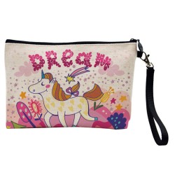 Pochette Trousse de maquillage effet lin imprimé Chat Licorne