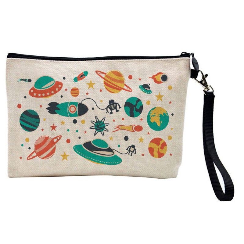 Pochette Trousse de maquillage effet lin imprimé cosmos astronomie