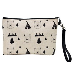 Pochette Trousse de maquillage effet lin imprimé Ours