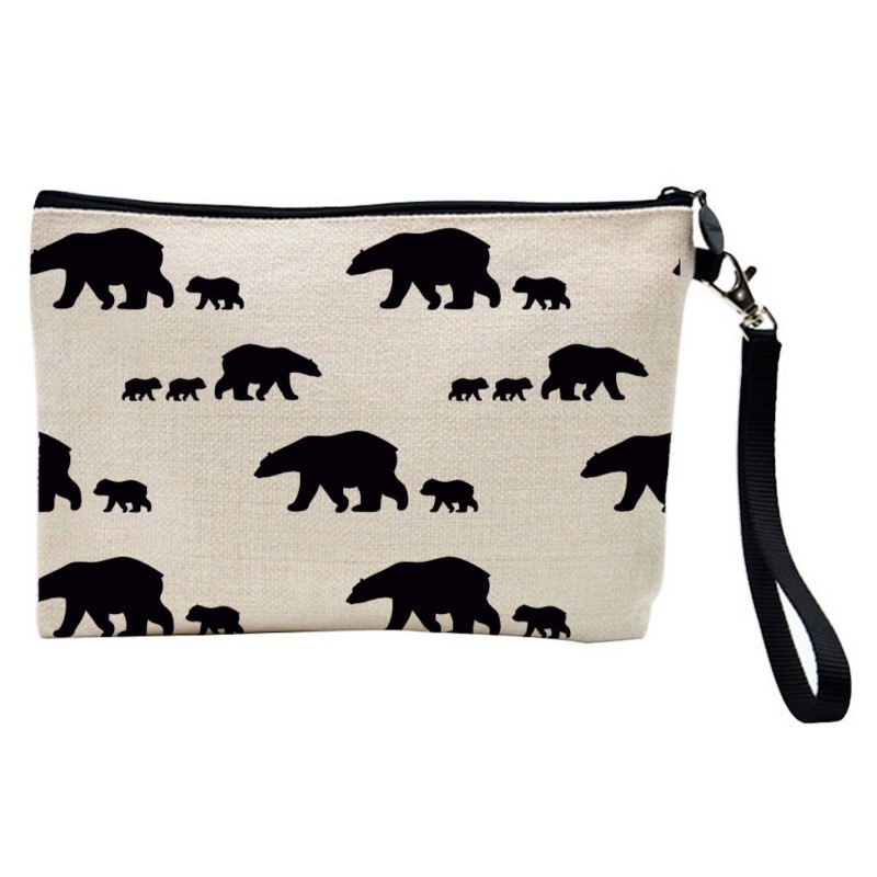 Pochette Trousse de maquillage effet lin imprimé Ours