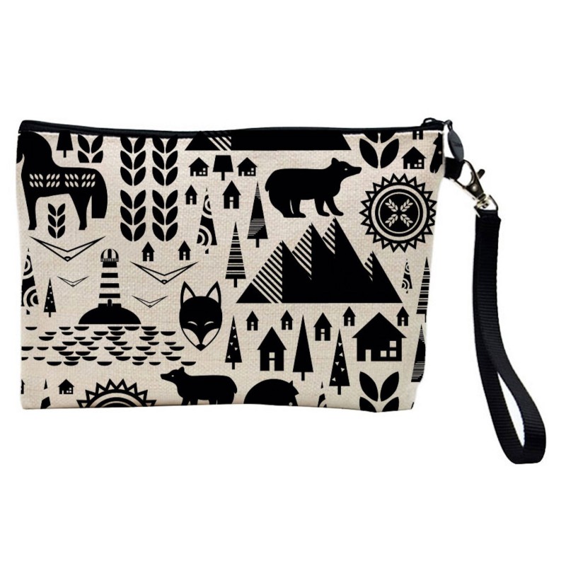 Pochette Trousse de maquillage effet lin imprimé Ours montagne