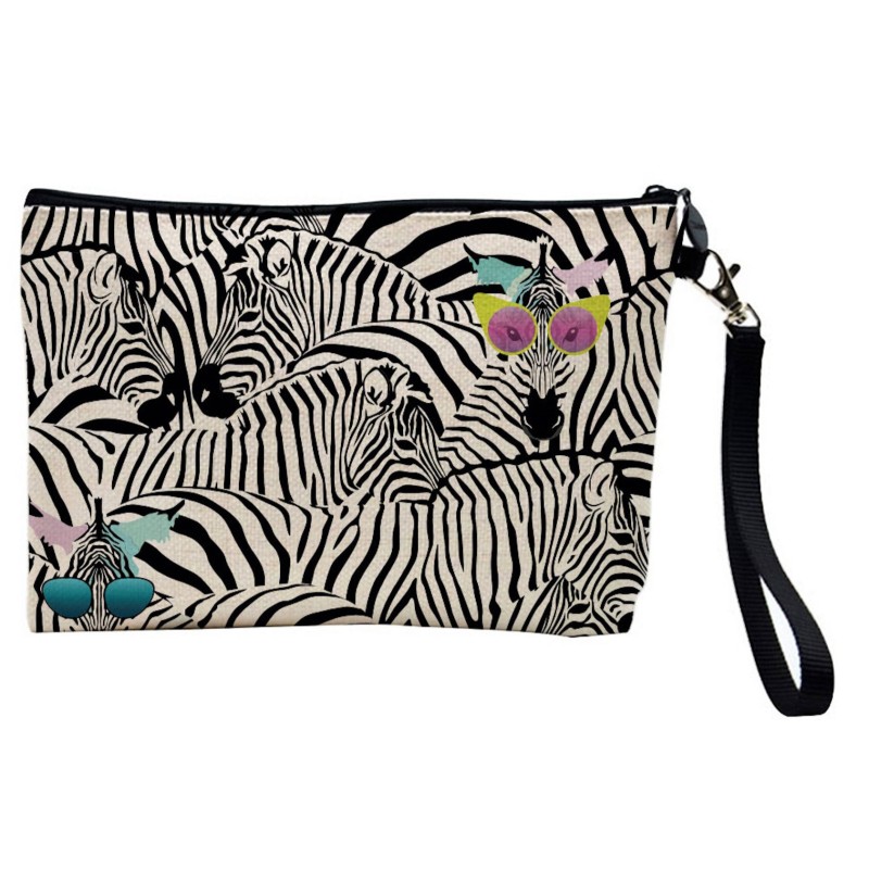 Pochette Trousse de maquillage effet lin imprimé Zebre