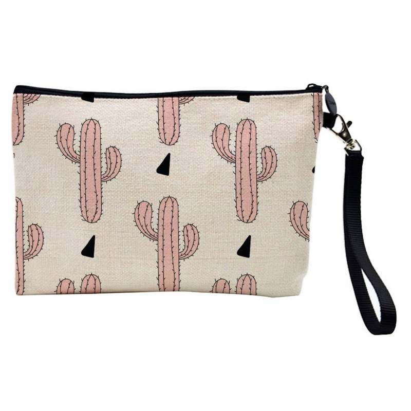 Pochette Trousse de maquillage effet lin imprimé Cactus