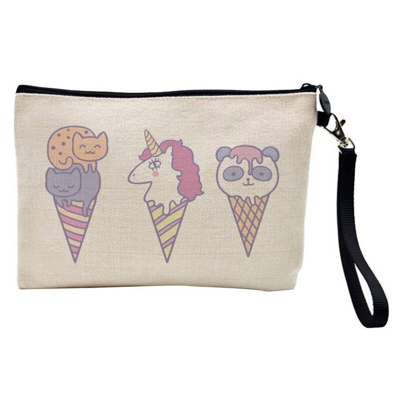 Pochette Trousse de maquillage effet lin imprimé Glace kawaii