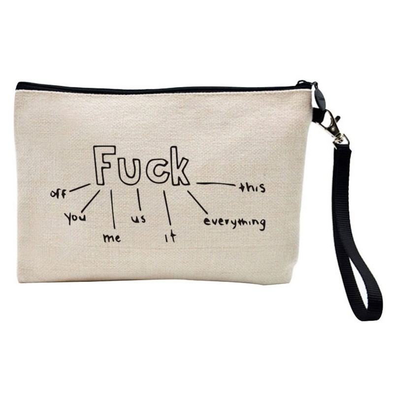 Pochette Trousse de maquillage effet lin imprimé Citation Fuck