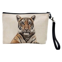 Pochette Trousse de maquillage effet lin imprimé Illustration Tigre