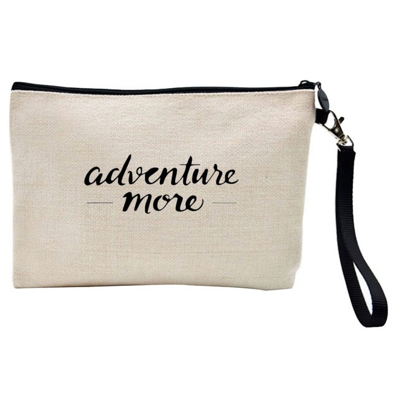 Pochette Trousse de maquillage effet lin imprimé Illustration Citation adventure