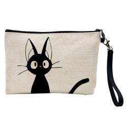 Pochette Trousse de maquillage effet lin imprimé illustration chat manga
