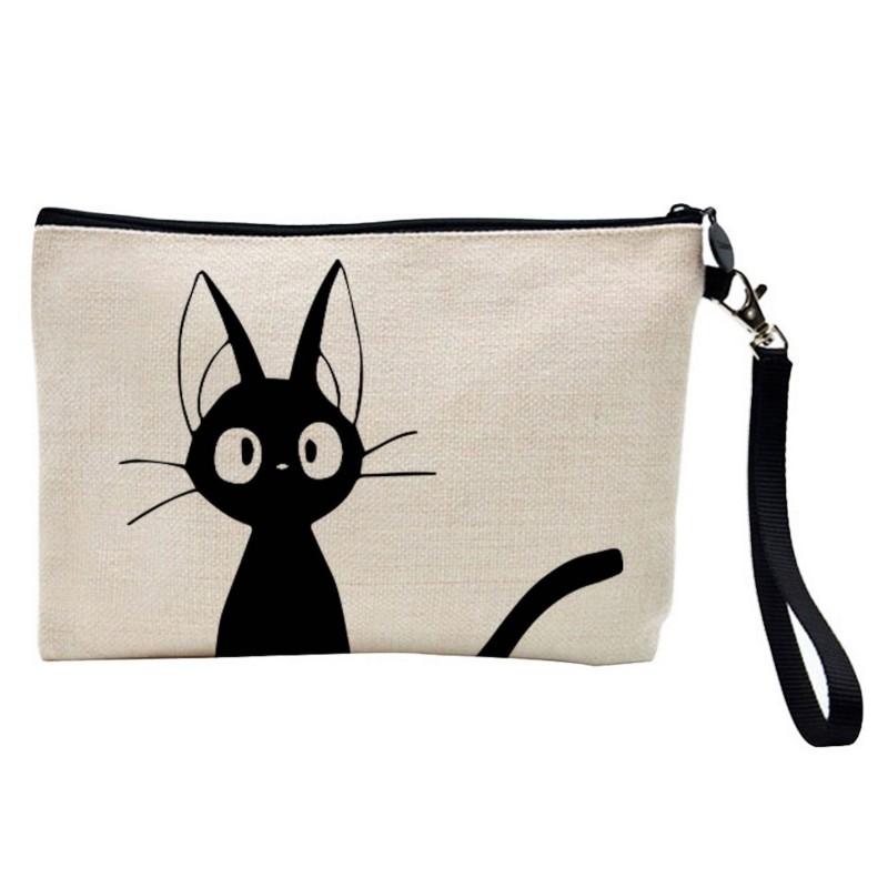 Pochette Trousse de maquillage effet lin imprimé illustration chat manga