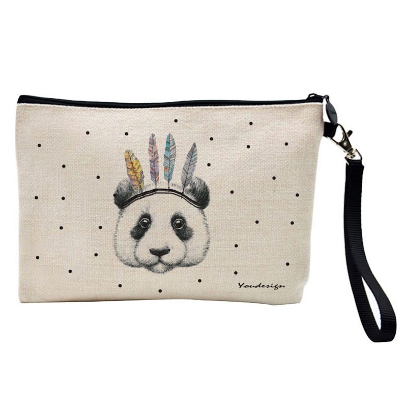 Pochette Trousse de maquillage effet lin imprimé illustration Panda indien