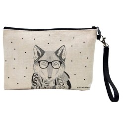 Pochette Trousse de maquillage effet lin imprimé illustration Renard