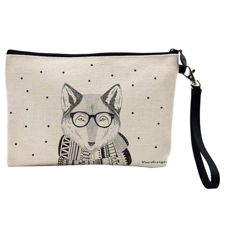 Pochette Trousse de maquillage effet lin imprimé illustration Renard