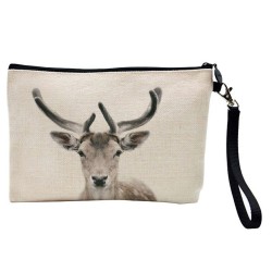 Pochette Trousse de maquillage effet lin imprimé illustration Cerf