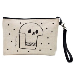 Pochette Trousse de maquillage effet lin imprimé illustration Tête de mort