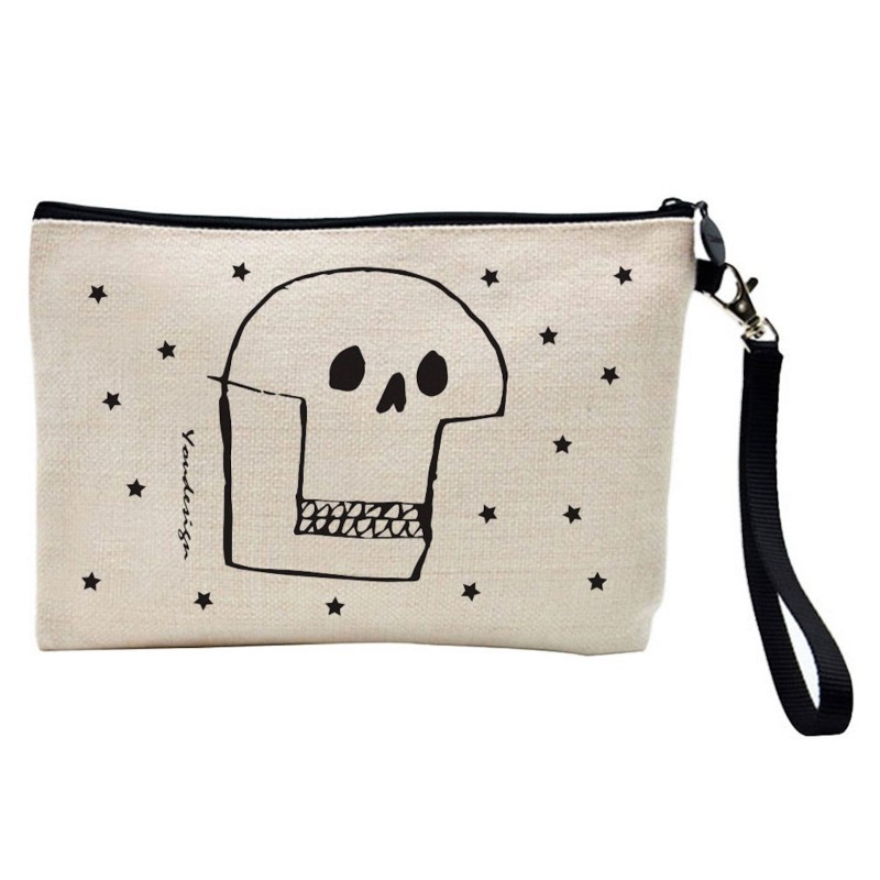 Pochette Trousse de maquillage effet lin imprimé illustration Tête de mort