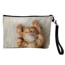 Pochette Trousse de maquillage effet lin imprimé illustration Chat