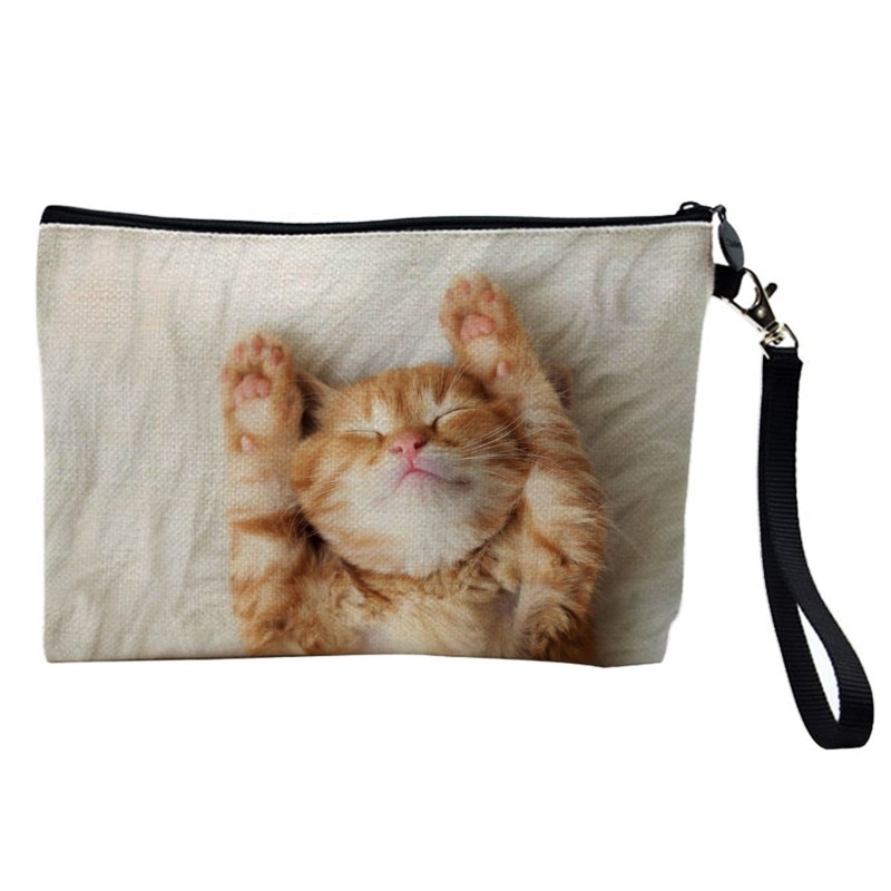 Pochette Trousse de maquillage effet lin imprimé illustration Chat