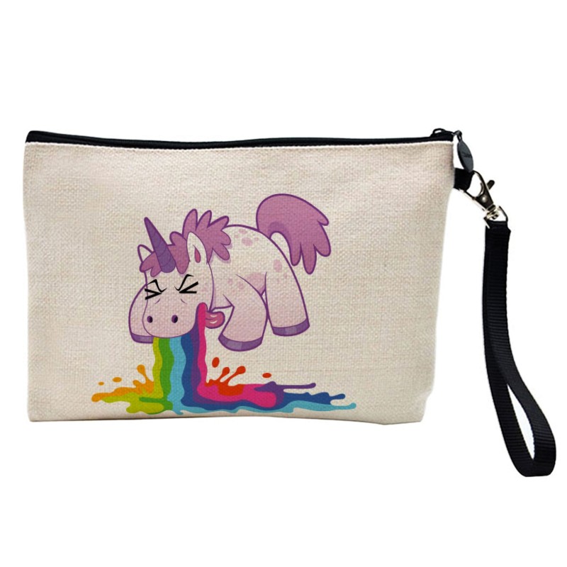 Pochette Trousse de maquillage effet lin imprimé illustration Licorne