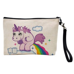 Pochette Trousse de maquillage effet lin imprimé illustration Licorne