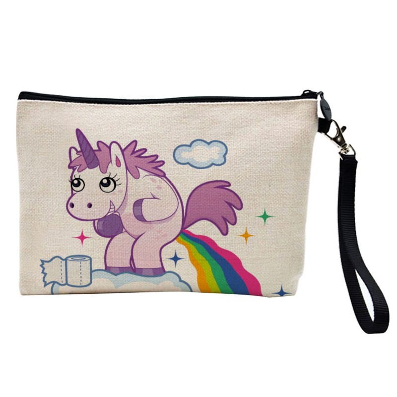 Pochette Trousse de maquillage effet lin imprimé illustration Licorne