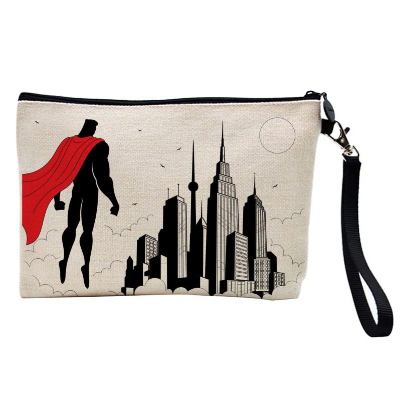 Pochette Trousse de maquillage effet lin imprimé illustration super héros