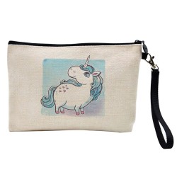 Pochette Trousse de maquillage effet lin imprimé illustration licorne