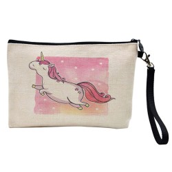 Pochette Trousse de maquillage effet lin imprimé illustration licorne