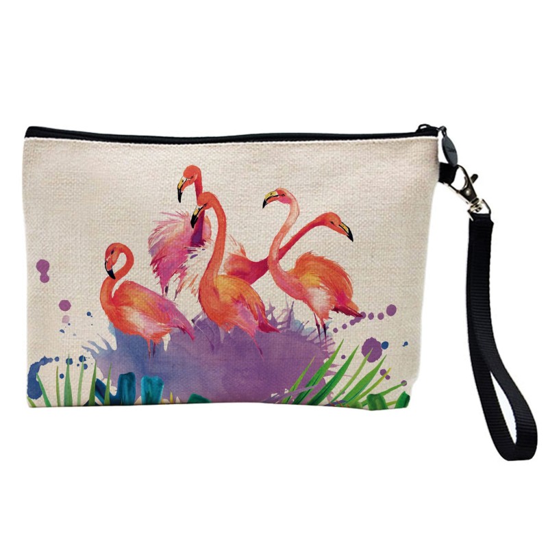 Pochette Trousse de maquillage effet lin imprimé illustration Flamant rose