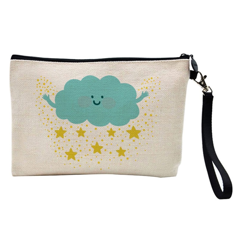 Pochette Trousse de maquillage effet lin imprimé illustration Nuage étoiles