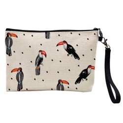 Pochette Trousse de maquillage effet lin imprimé illustration Oiseau tropical toucan